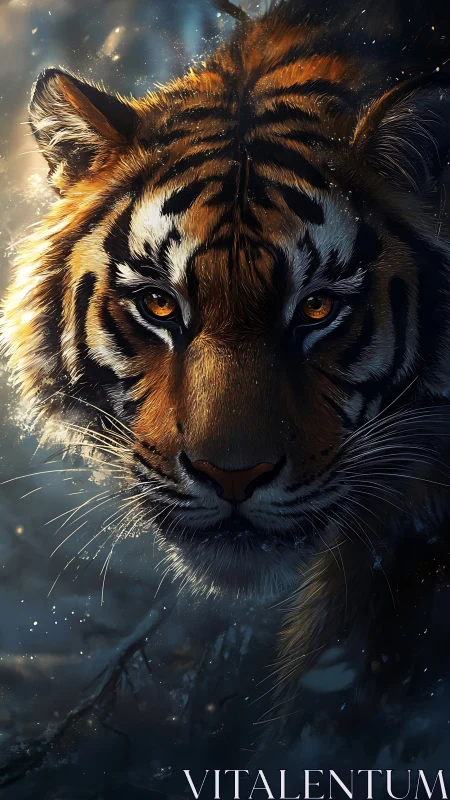 Tiger head close-up in low light forest environment.