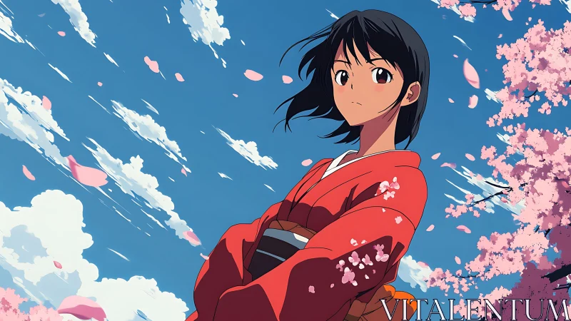 Girl in red kimono stands under cherry blossoms in wind