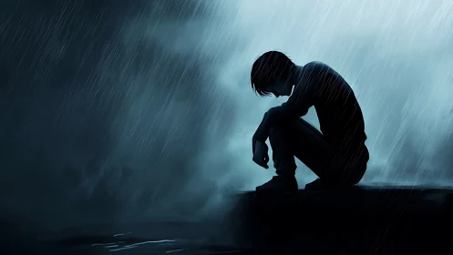 Silhouetted figure sits alone in heavy rain at night