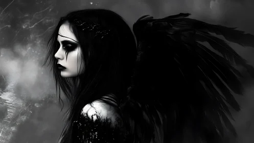 Dark fallen angel gazes left against stormy monochrome sky