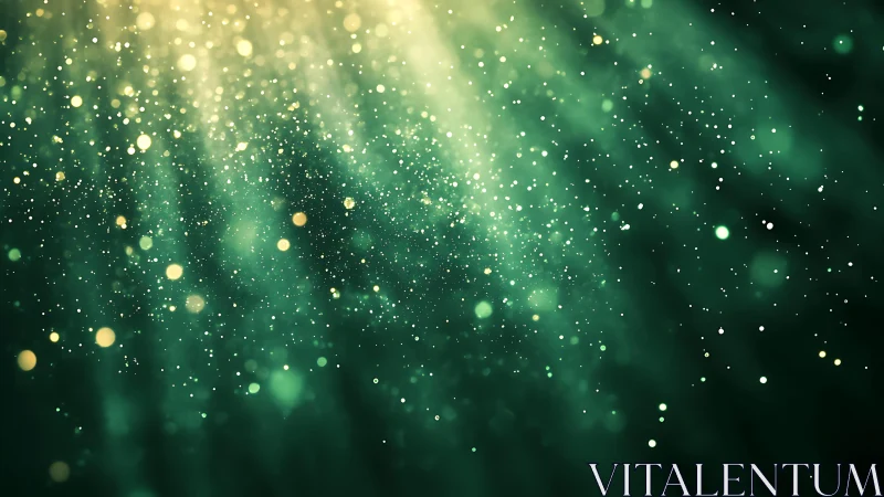 Abstract green and gold bokeh light rays with floating particles.