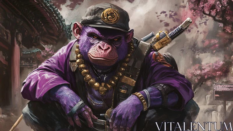 Purple anthropomorphic ape warrior in samurai courtyard scene.