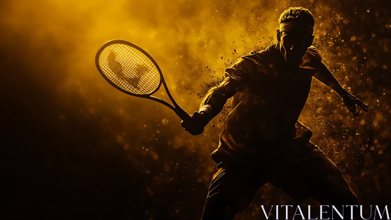 Silhouette tennis player swings racket in intense golden light.