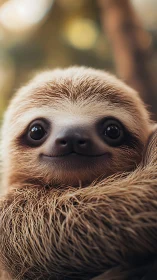 Close-up baby sloth portrait with warm forest bokeh background.