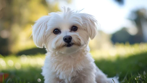 White fluffy puppy resting on grass in soft daylight.