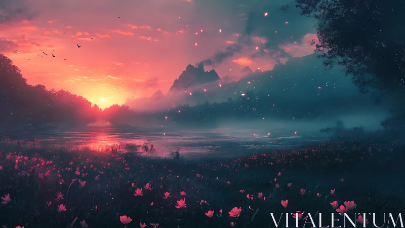 Backlit alpine lake at dusk with volumetric fog and glowing petals