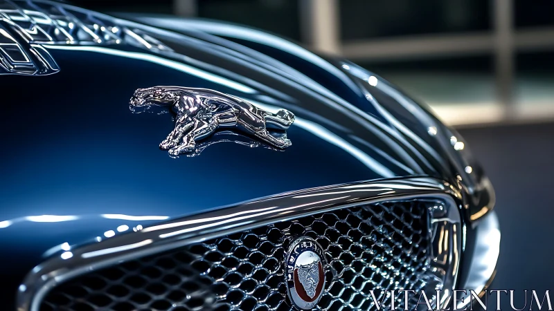 Chrome leaping jaguar emblem on deep blue car hood.