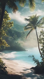 Tropical shoreline with palm trees and misted background.