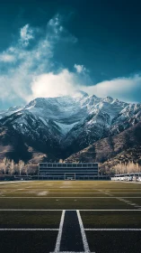 Snow-covered mountains rise behind a football stadium