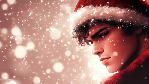 Brooding holiday dreamer beneath snowfall and scarlet velvet.