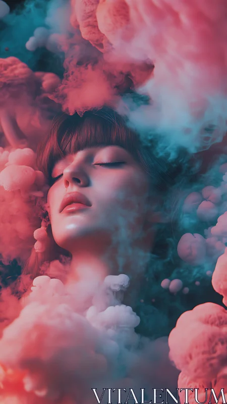 Dreaming face drifts through colorful clouds of soft mist