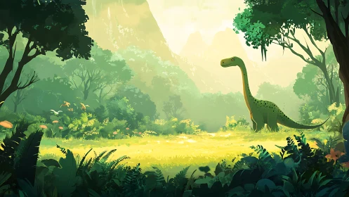 Luminous Cretaceous forest clearing with solitary sauropod.