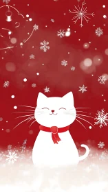 Vector-rendered winter cat with stylized snowflake particle field.