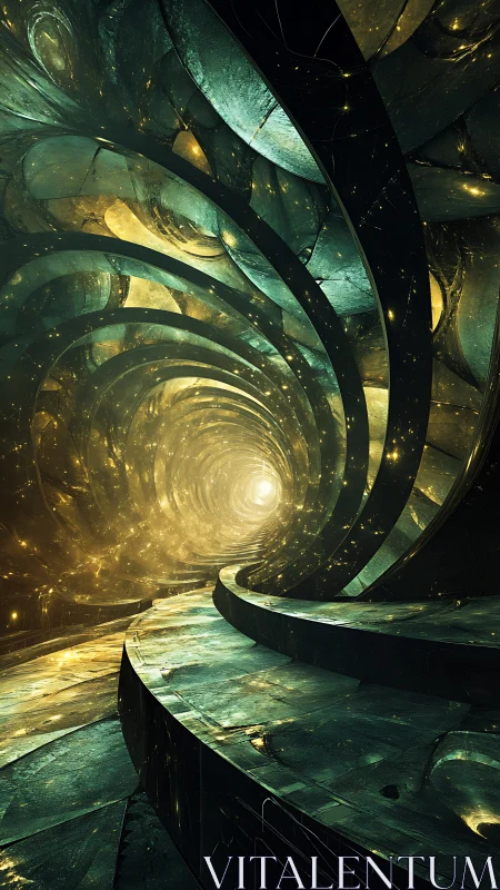 Curved metallic corridor with luminous tunnel endpoint.