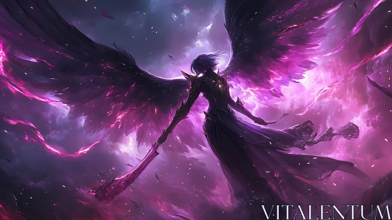 Winged armored figure stands in glowing violet storm sky
