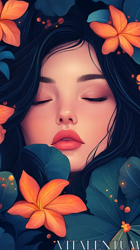Digital portrait of serene woman amid teal foliage and orange lilies