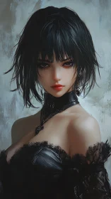 Dark-haired portrait with glossy latex choker and textured lace bodice