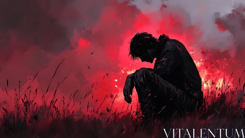Silhouetted figure sits in field against intense red sky