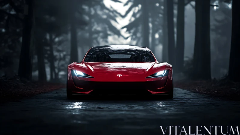 Red electric supercar cuts through misty forest roadway.