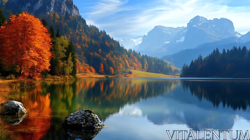 Autumn lake reflection below blue alpine mountain range.