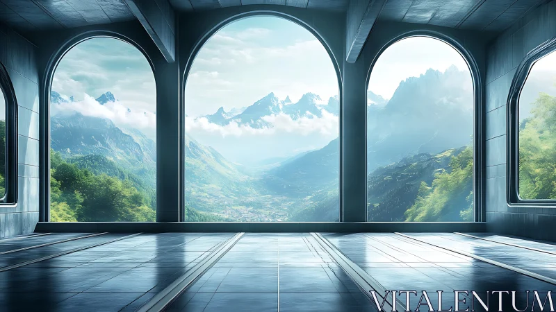 Panoramic alpine vista framed by futuristic atrium windows.