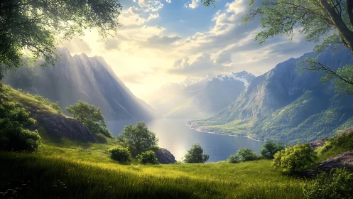 Sunlit alpine fjord valley with steep cliffs and village shore