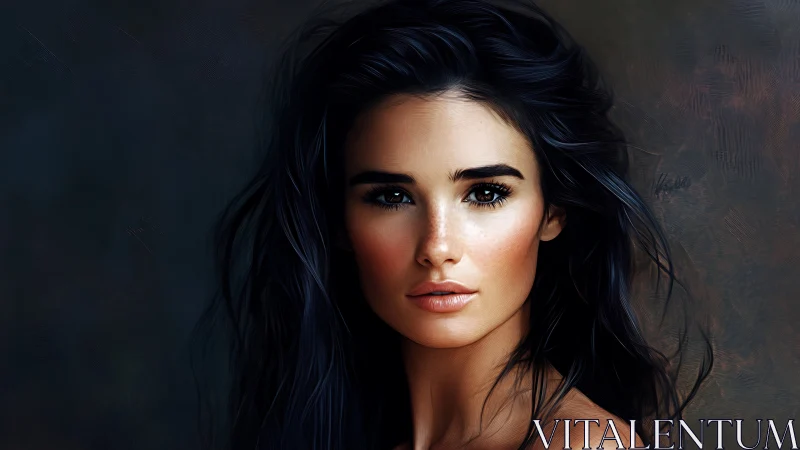 Digital portrait shows dark haired woman facing viewer directly