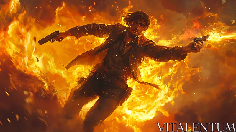 Dual-wielded revolver gunslinger engulfed in volumetric pyrolysis flames