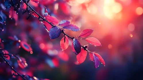 Crimson leaves catch backlit sunset glow with dewy shimmer