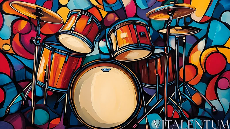 Drum kit illustration against abstract multicolor backdrop.