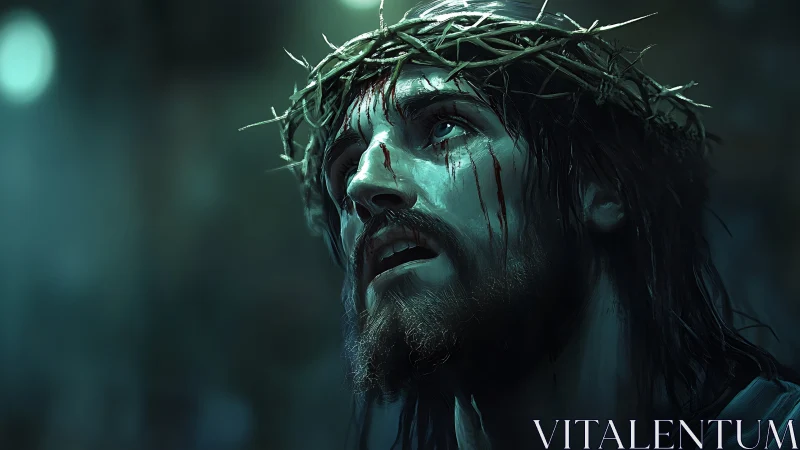 Crowned male portrait under rim light with bloodied facial lacerations