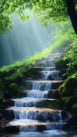 Stepped forest cascade under filtered morning sunlight.