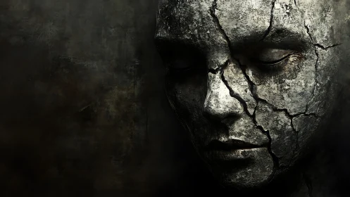 Cracked stone face in dark, textured shadowed background.