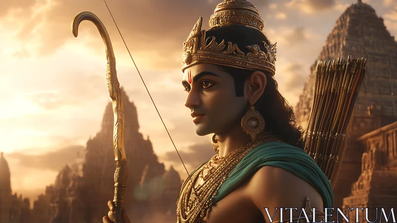 Divine archer profile in golden sunset over temple ruins.