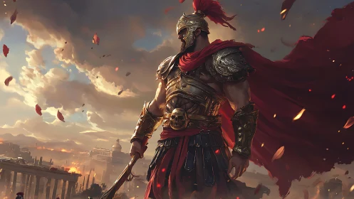 Spartan warlord surveys burning city under storm clouds.