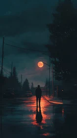 Lone figure walks a wet street under a burning red moon