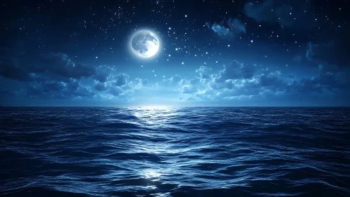 Moonlit ocean horizon under a clear, star-filled night sky.