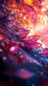 Iridescent magenta leaves with refracted droplets in bokeh glow.