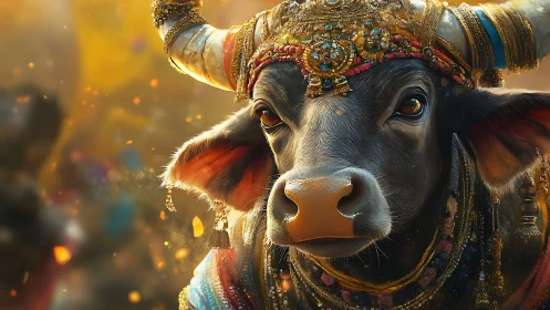 Regal decorated cow gazes calmly amid golden festival light