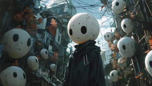 Hollow-eyed balloon ghosts drift through a rusted alleyway.