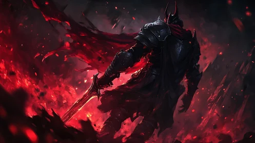 Armored figure stands in fiery, high-contrast environment