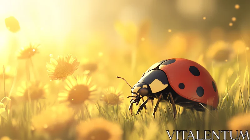 Sunlit ladybug crossing dewy meadow in soft bokeh glow.