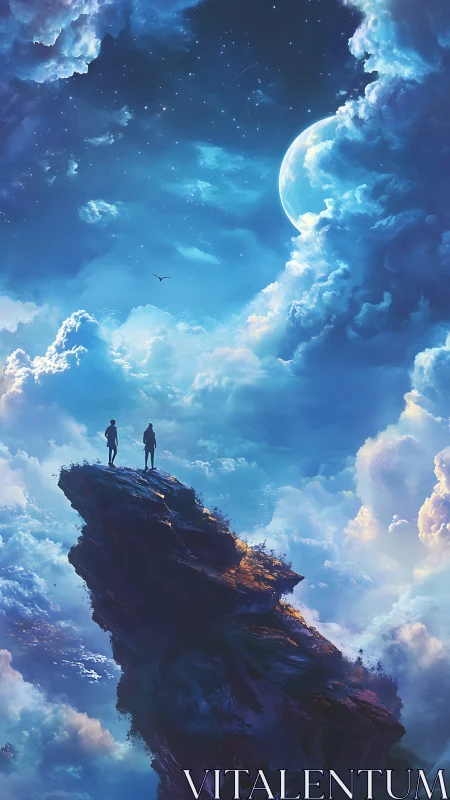 Two figures stand on sky cliff under moonlit clouds.