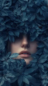 Whispered portrait beneath lush teal foliage veil.