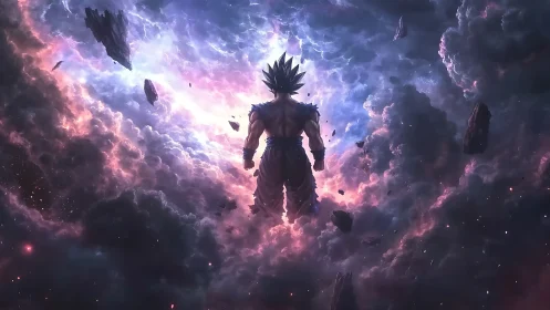 Spiky haired warrior stands in glowing cosmic storm clouds.