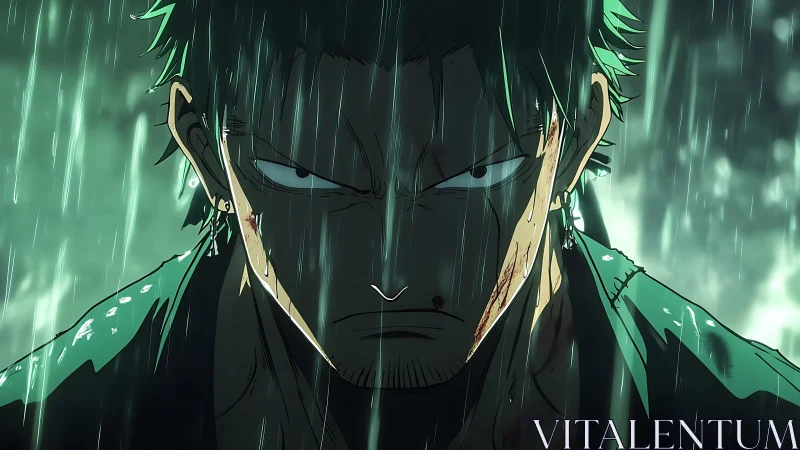 Resolute swordsman stands unshaken in the stormy rain.