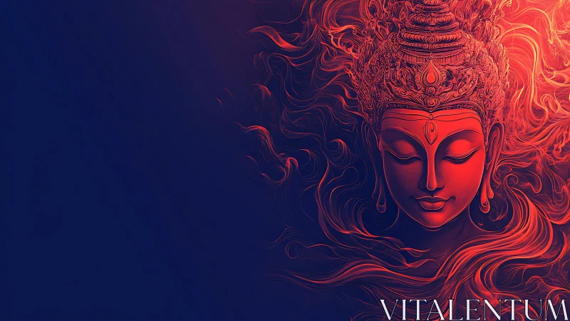 Digital rendering shows stylized red deity head on dark blue field