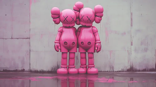 Pink twin vinyl guardians melt into a dreamy concrete wall.