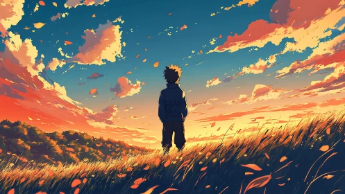 Solitary figure in grassy field under vivid sunset sky.