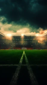 Floodlit football stadium field glows under storm clouds
